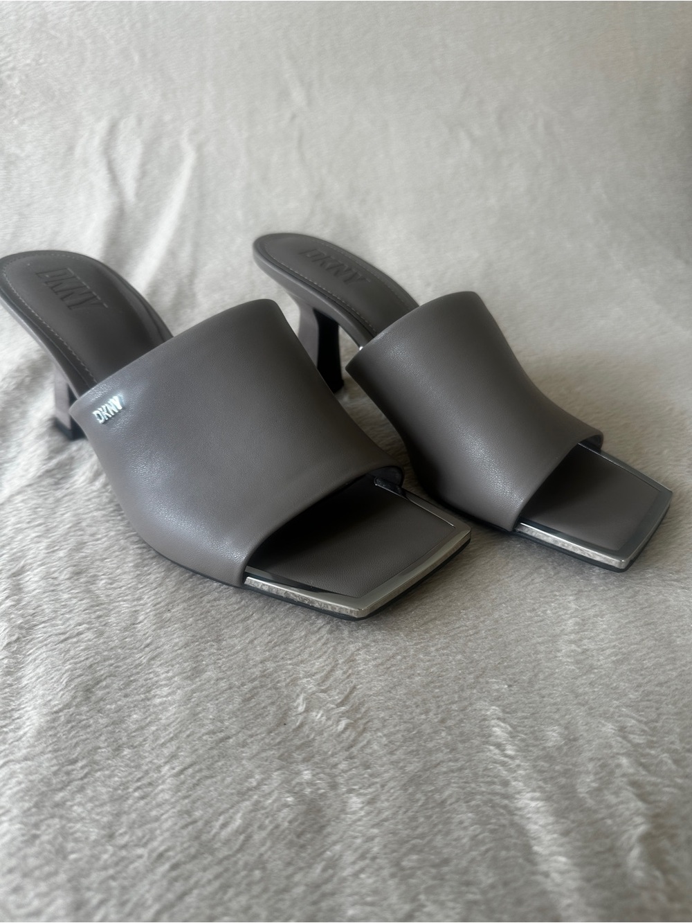 DKNY Gray Leather Square-Toe Mule Heels